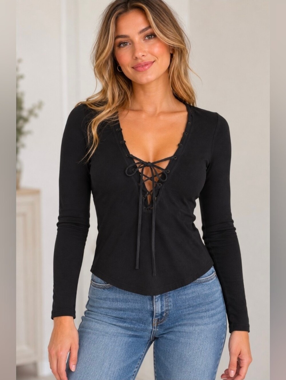 Free People Black Lace-Up Long Sleeve Top